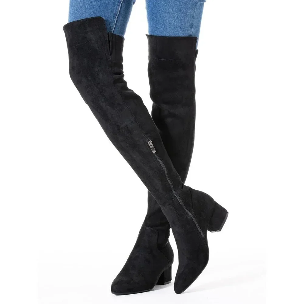 Women Black\2inch Suede Over the Knee Thigh High Chunky Block Heel Winter Boots